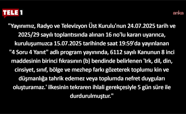 TELE1 ekranları, gece yarısı itibarıyla 5 günlük yayın durdurma cezası kapsamında karardı