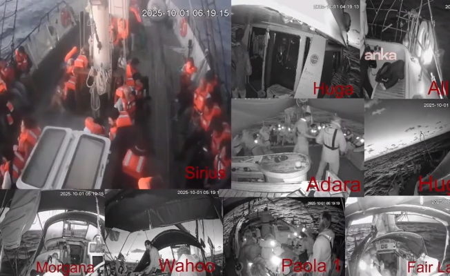Küresel Sumud Filosu’nda yer alan “Alma” gemisindeki aktivistlerin İsrail tehdidine karşı güvenlik pozisyonu aldığı görüldü
