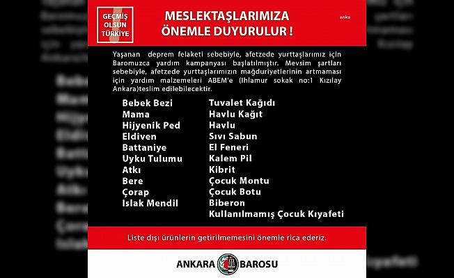 Ankara Barosu, depremden etkilenen yurttaşlar için yardım kampanyası başlattı